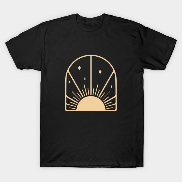 bohemian astrological design with sun, stars and sunburst. Boho linear icons or symbols in trendy minimalist style. T-Shirt by zaiynabhw